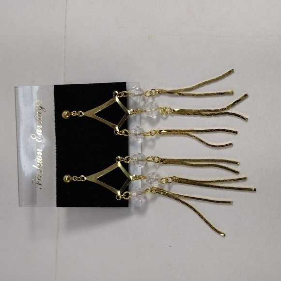 Women's Stunning Gold tone & Clear Beads Fringed Chandelier 3" Drop Earrings - Picture 3 of 7